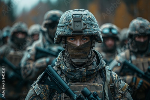 An image capturing the back of camouflaged soldiers wearing combat gear and headsets with faces obscured