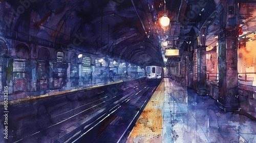 Aquarelle painting of a subway station with a train arriving. The station is lit by a few lights and the tracks are empty.