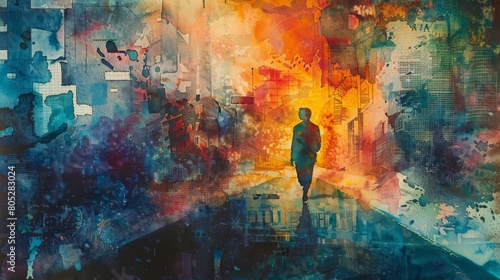 A lone figure walks down a deserted city street. The buildings are in ruins. Colorful light shines through the cracks in the buildings.