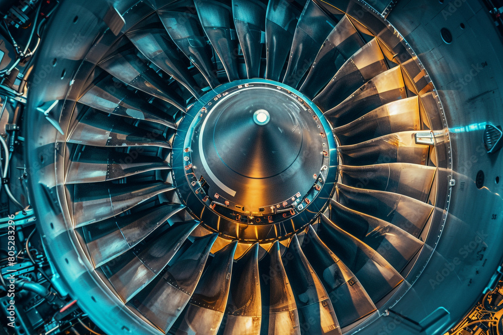 The complex interior of a jet engine during assembly, where precision engineering meets the demands of modern transportation The complex interior of a jet engine during assembly, where precision engineering meets the demands of modern transportation