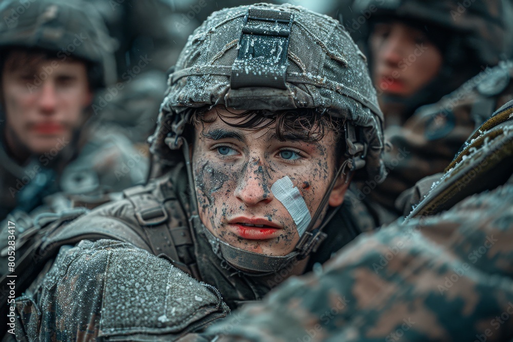 Close-up of a young soldier's face, with raindrops adding to the intense wartime atmosphere Close-up of a young soldier's face, with raindrops adding to the intense wartime atmosphere