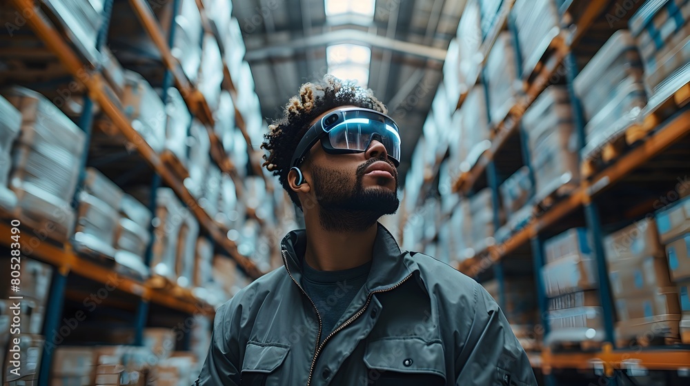 Warehouse Worker Utilizing Smart Glasses and Exoskeleton Technology for Streamlined Logistics and Inventory Management Warehouse Worker Utilizing Smart Glasses and Exoskeleton Technology for Streamlined Logistics and Inventory Management