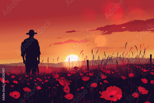 Man Standing in Field of Poppies photo