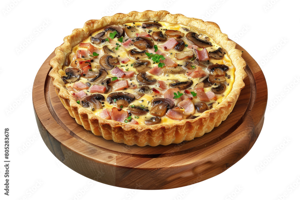 Savory ham and mushroom quiche on a wooden plate isolated on transparent background Savory ham and mushroom quiche on a wooden plate isolated on transparent background
