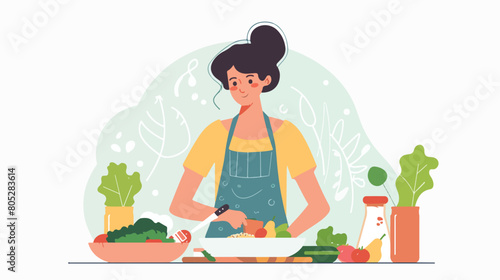 Woman with healthy food making meal plan on white background