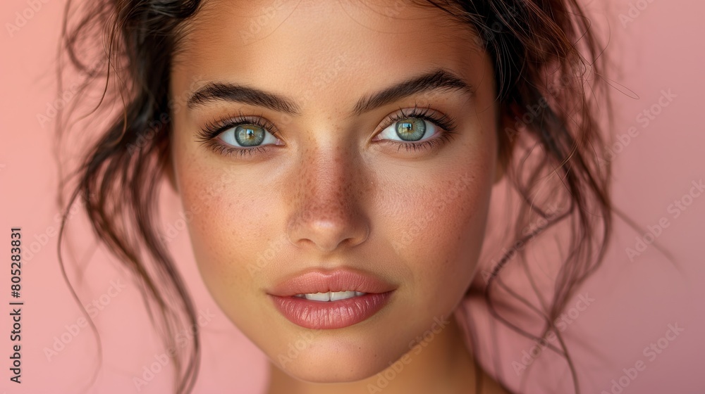Obraz premium Portrait of beautiful woman. Woman with black hair takes care about skin. Beauty concept. Skin concept. Woman concept. Care concept.