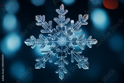 Closeup of an ice crystal snowflake on a dark blue background, with bokeh lights in the background. 