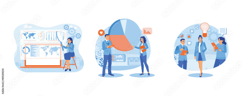 Analyzes graphic data. Studying charts and graphs. business strategies to increase targets. Marketing research concept. Set flat vector illustration.