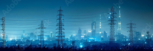 Silhouette of a city skyline with illuminated power lines