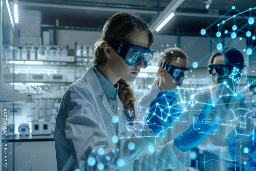 Professional scientists in a modern laboratory setting examine virtual 3d structures using advanced holographic technology, implying innovation and cutting-edge research in science and technology Professional scientists in a modern laboratory setting examine virtual 3d structures using advanced holographic technology, implying innovation and cutting-edge research in science and technology