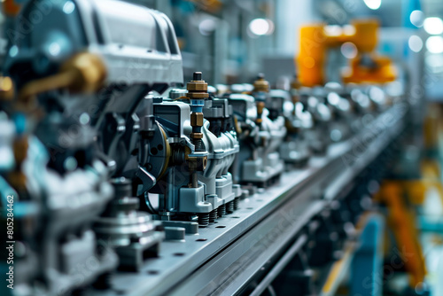Row of Machines in Factory With Focus on Engine Manufacturing