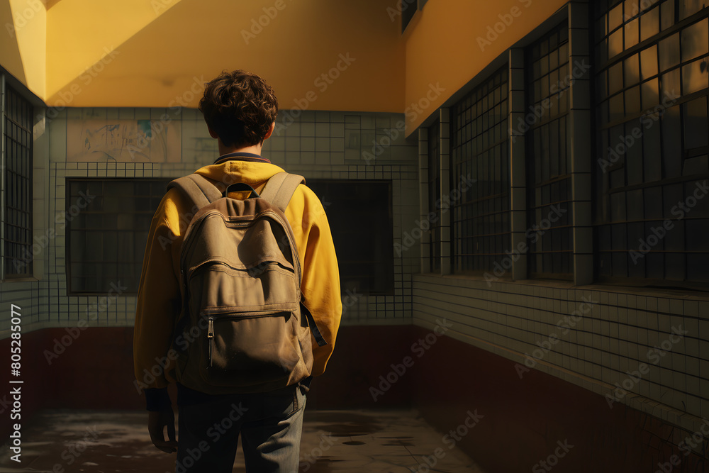 Fototapeta premium Boy with backpack at school. Generated with AI.