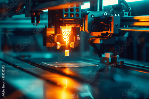 The glowing filament of a 3D printer in a dimly lit farm, symbolizing the bright future of decentralized and digital manufacturing  