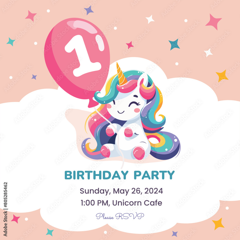 Birthday party invitation template with cute unicorn. Vector illustration.
