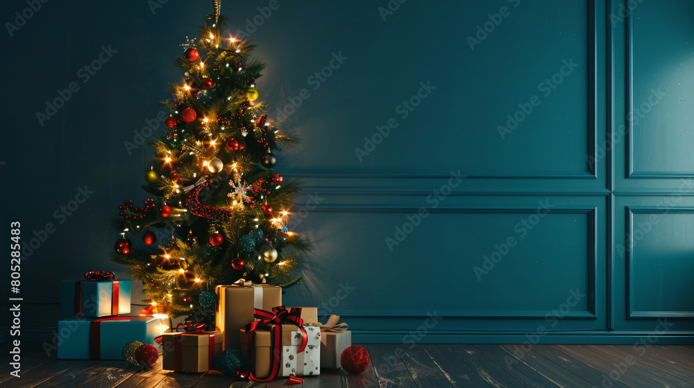 Gifts under glowing Christmas tree near blue wall