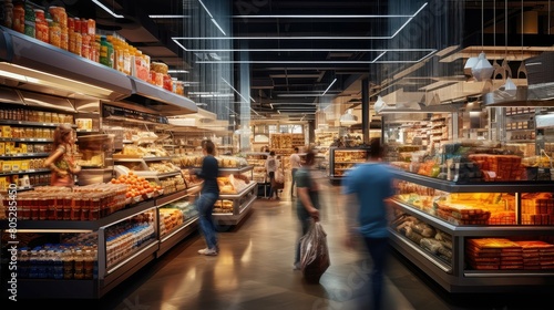products blurred grocery store interior