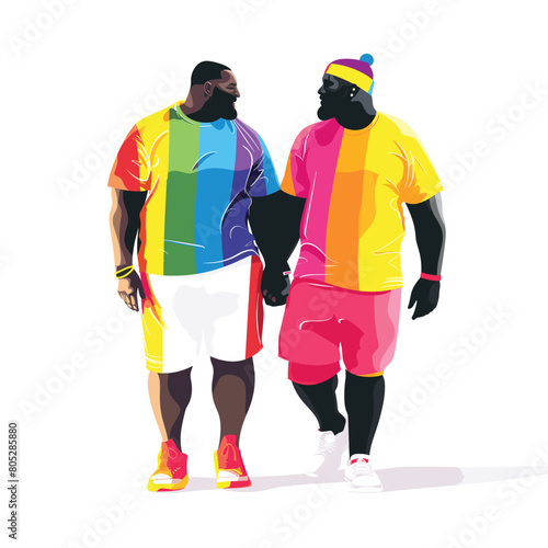 Two African American men walking together, one rainbow shirt yellow shorts, pink tshirt red shorts. Men appear friendly, conversing, dressed vibrant streetwear, relaxed. Fullbeard, beanie hat