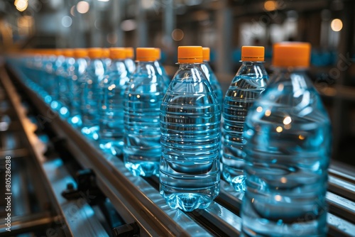 An array of water bottles with striking blue caps creates a cool color contrast on a factory conveyor line