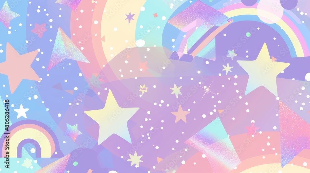 A pastel rainbow colored background with iridescent geometric shapes and sparkles. The background is a soft purple color that transitions into light blue at the edges of the design.