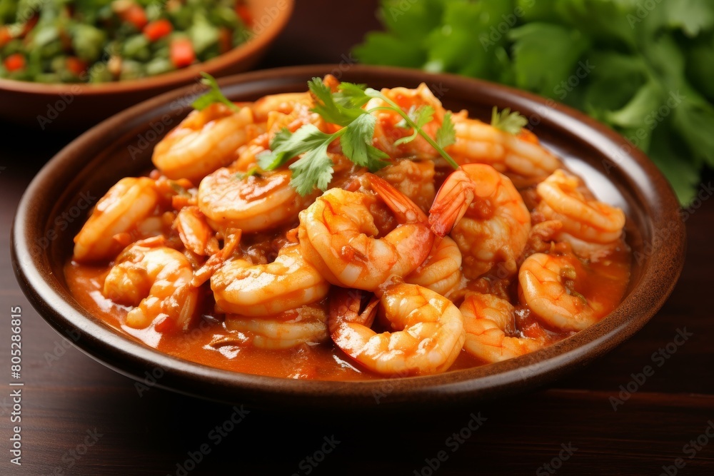 Savory Shrimp spicy sauce food. Japan still. Generate Ai