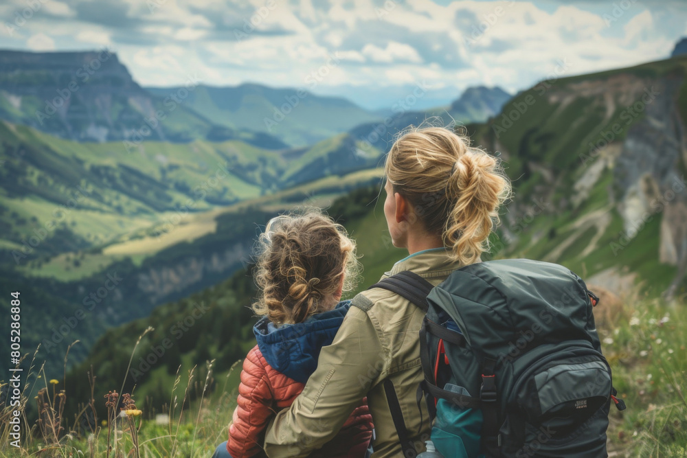 Mother and daughter with backpacks sit overlooking a lush valley in the mountains, sharing a quiet moment of bonding in the beauty of nature