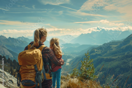 Heartwarming scene of a mother and daughter bonding as they gaze out over a stunning mountain range, encapsulating the essence of adventure and familial love photo