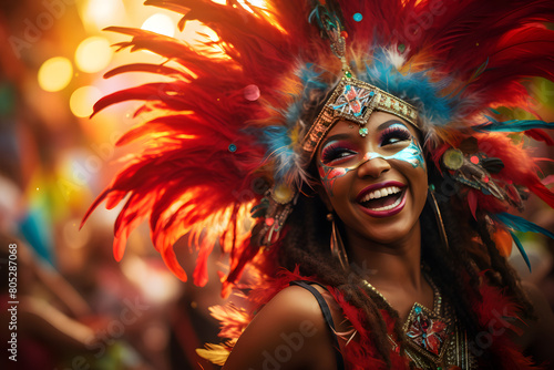 Portrait of happy black woman at carnival. Generated with AI.