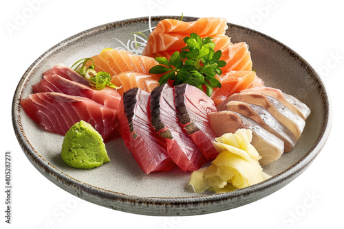 Sashimi platter with wasabi and pickled isolated on transparent background