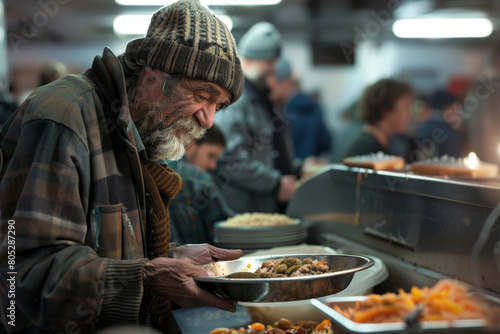 Elderly homeless man receives a warm meal at a community soup kitchen, capturing the essence of compassion and support within the local charity service for the underprivileged photo