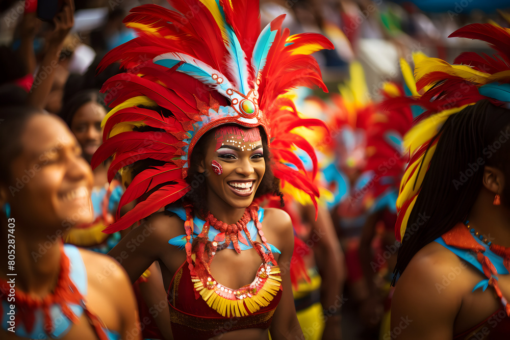 Portrait of happy black woman in the middle of a parade at carnival. Generated with AI.