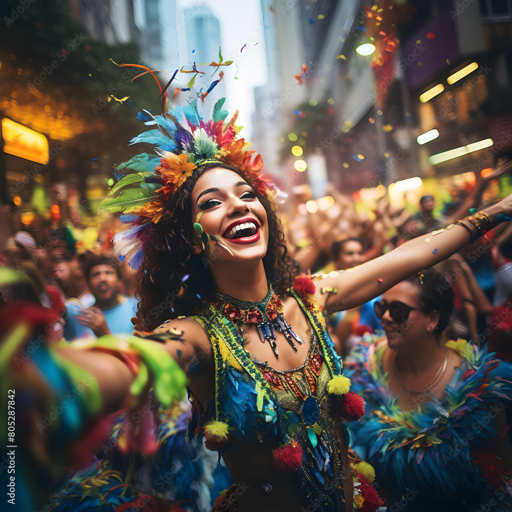 Obraz premium Portrait of happy white woman in the middle of a parade at carnival. Generated with AI.