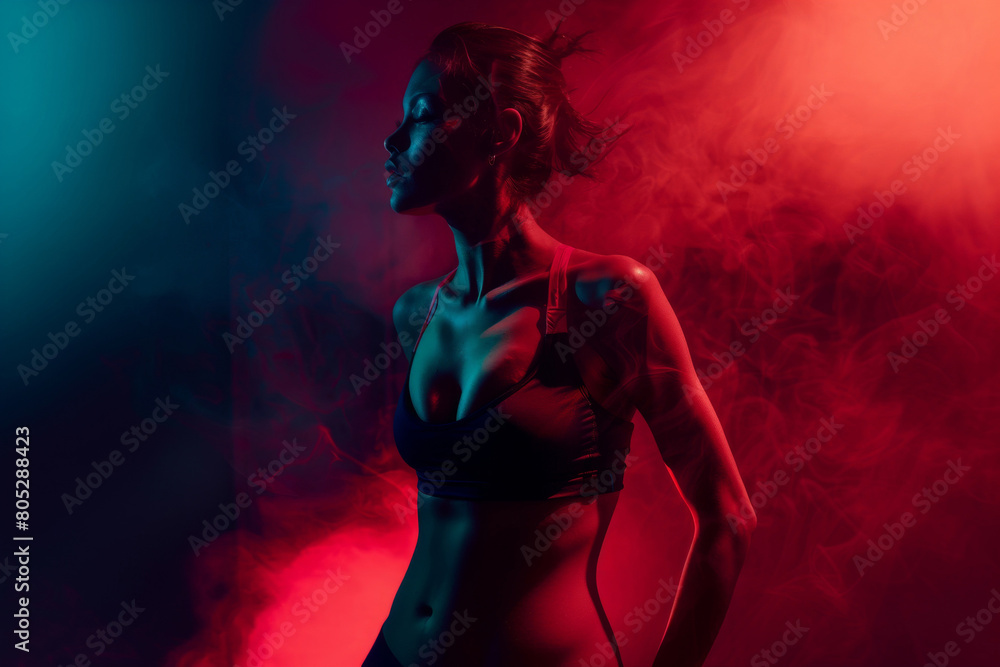 Side portrait of a focused female athlete in fitness attire, set against a dramatic backdrop of vibrant red and blue lights with atmospheric smoke in a gym environment