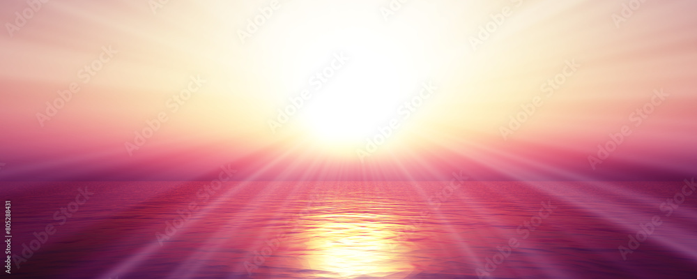 sunset sea sun ray clear sky. 3d rendering