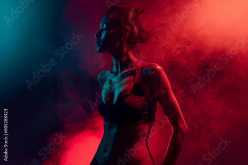 Side portrait of a focused female athlete in fitness attire  set against a dramatic backdrop of vibrant red and blue lights with atmospheric smoke in a gym environment