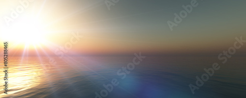 sunset sea sun ray clear sky. 3d rendering