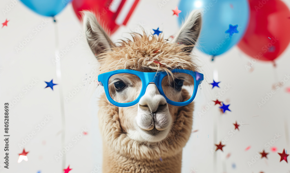 Fototapeta premium Funny llama alpaca with blue glasses and US flag red and blue colors balloons and confetti flying in the background, 4th of July celebration card.
