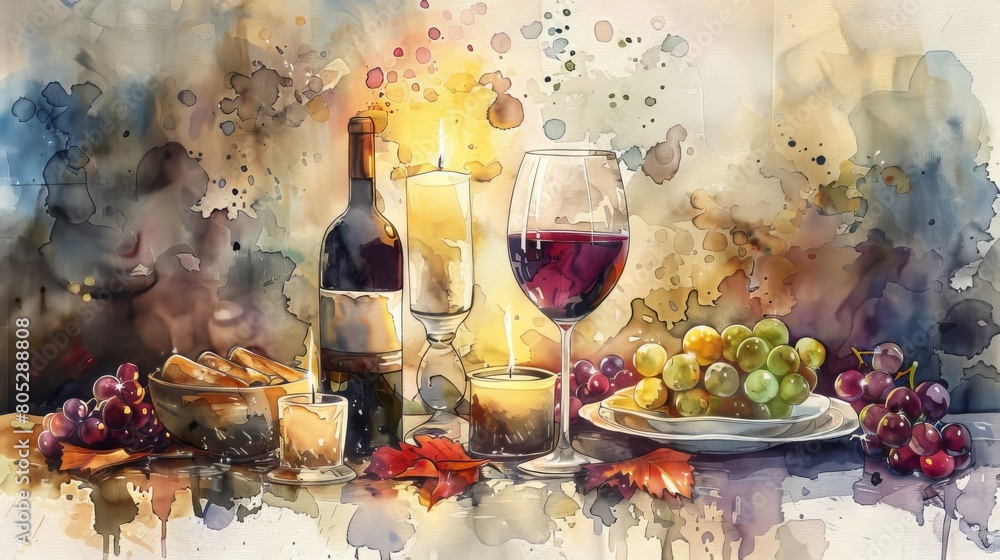 A beautiful watercolor painting of a still life with a bottle of red wine, two glasses, a candle, and a plate of grapes