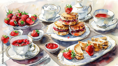 A delicious afternoon tea spread with fresh strawberries, scones, clotted cream, and tea. photo