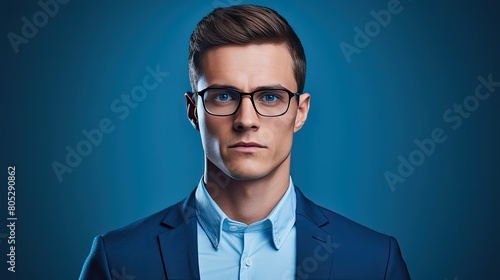 up blue background office person serious