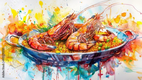 lukisan cat air makanan laut yang lezat dengan udang, kerang, dan ikan. Makanan lautnya segar dan lezat, dan lukisannya sangat detail. photo
