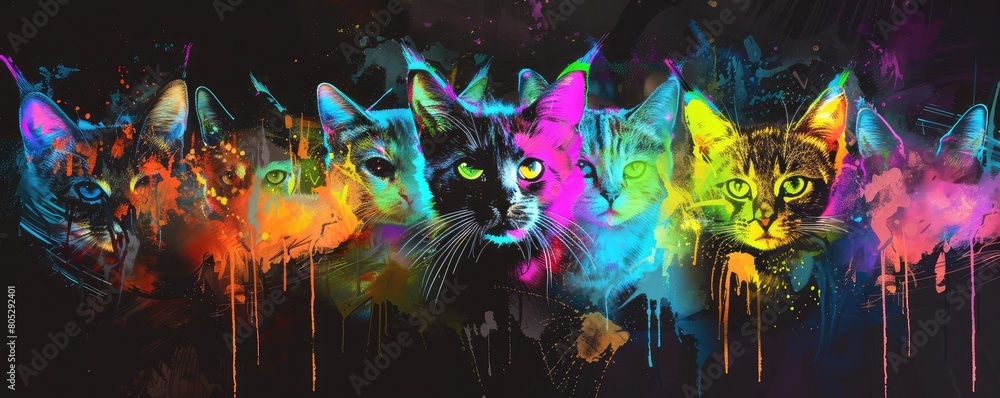A vibrant, multicolored illustration of stylized cats in profile, with intricate abstract patterns and designs A vibrant, multicolored illustration of stylized cats in profile, with intricate abstract patterns and designs