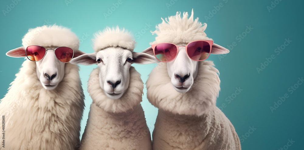 Creative animal concept. Group of sheep lamb friends in sunglass shade glasses isolated on solid pastel background, commercial, editorial advertisement, copy text space	

