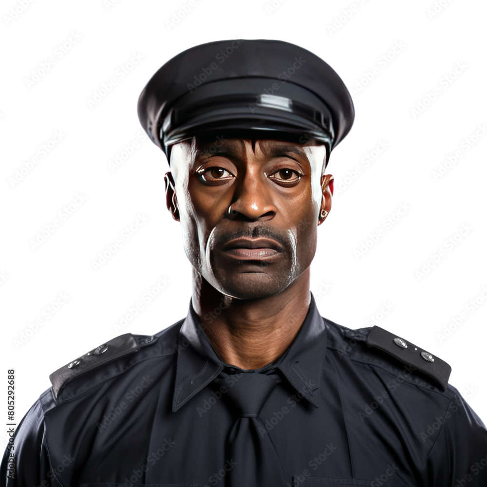 Half body of serious black policeman isolated on transparent background, PNG file. Tough and calm police looking at the camera in working uniform. Half body of serious black policeman isolated on transparent background, PNG file. Tough and calm police looking at the camera in working uniform.