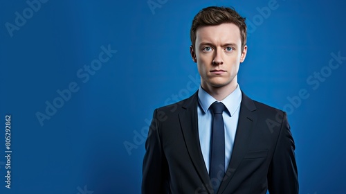 expression blue background office person serious