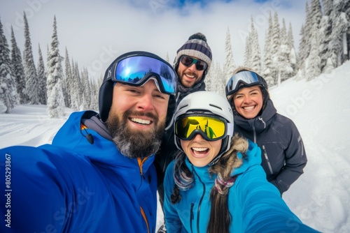 Friendly Skiing friends selfie. Snow group. Generate Ai photo