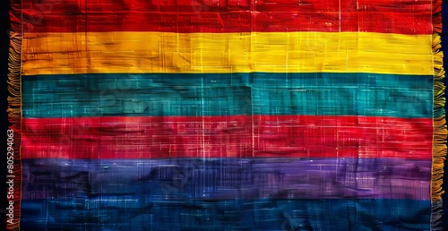 A rainbow flag is hanging on a wall.