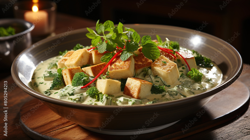A Bowl of Creamy and Aromatic Thai Green Curry with Vegetables and Tofu A Bowl of Creamy and Aromatic Thai Green Curry with Vegetables and Tofu