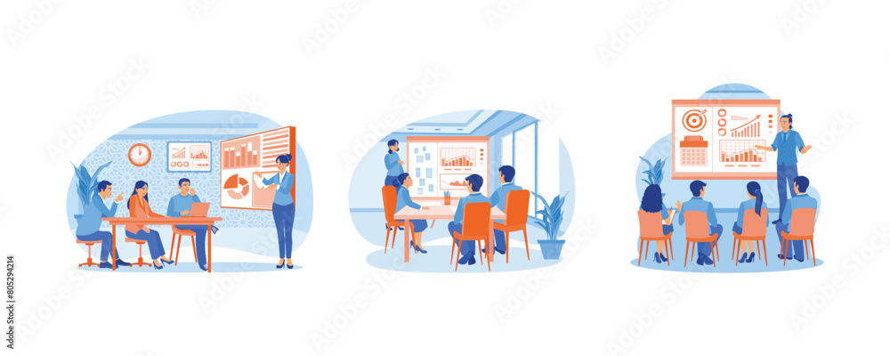 Female manager leads meeting with employees. Give presentations at business seminars. Speaking in front of an audience. Business seminar concept. Set flat vector illustration.
