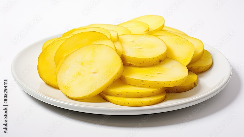 sliced yellow potatoes white background
