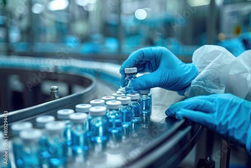 Pharmaceutical technician meticulously placing vials on a conveyor belt in a sterile production facility